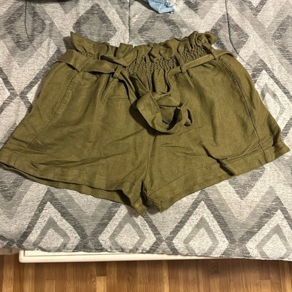 Chaser Olive Green Linen Blend paper bag shorts with belt